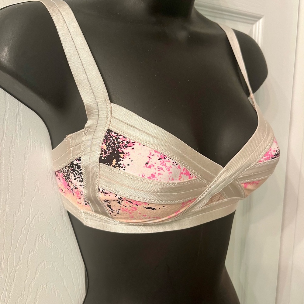 H&M Bikini Bondage Style Swim Bra Top Gorgeous Satin Straps Rose Gold Contrast - Picture 2 of 6